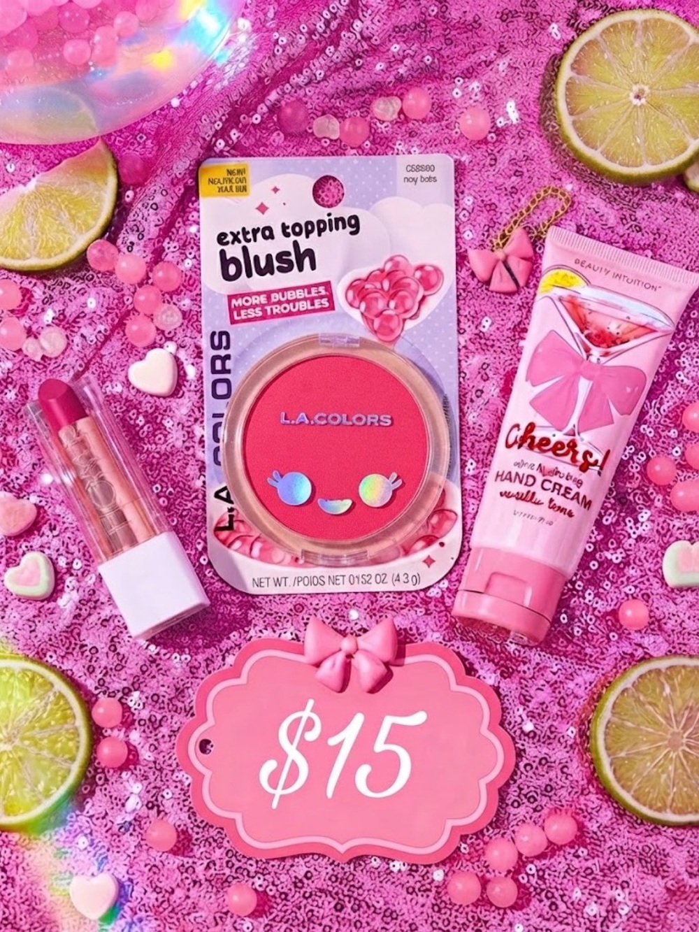 Vibrant Pink 3PC Bundle | LA Colors Blush, Flower Lipstick & Vanilla Hand Cream